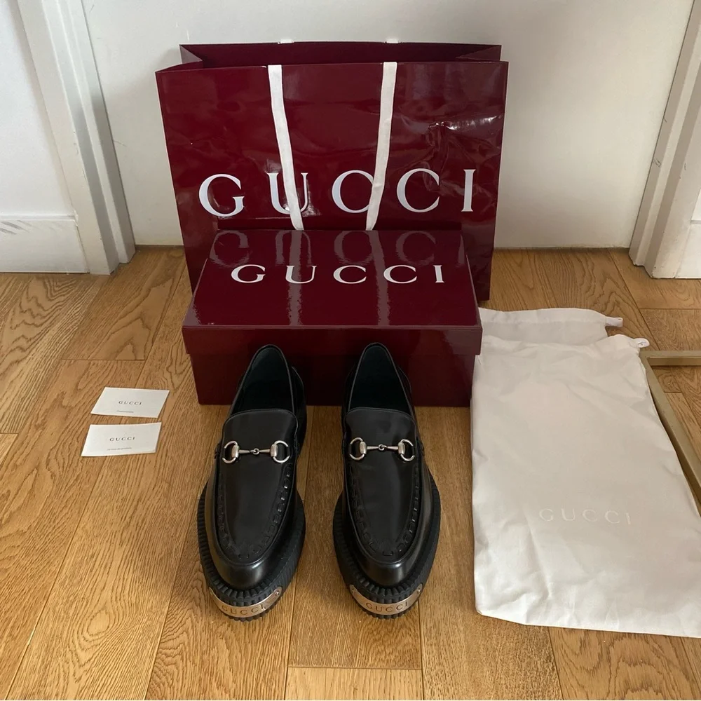 Gucci Magnum Black Leather Men's Platform Loafers Ancora Horsebit Creeper 9.5 EU - Picture 1 of 9